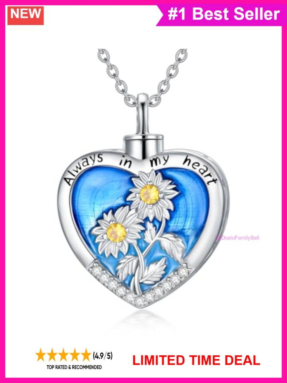 925 Sterling Silver Sunflower Urn Necklace Heart Cremation Pendant Jewelry